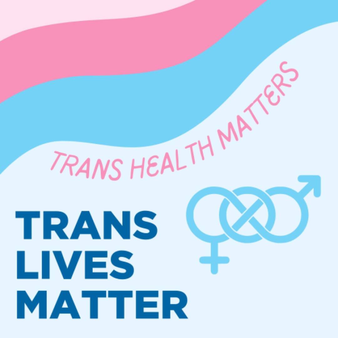 Trans pride flag colors form a wave with text "Trans Health Matters" and "Trans Lives Matter." Symbols intertwine, conveying support and inclusivity.